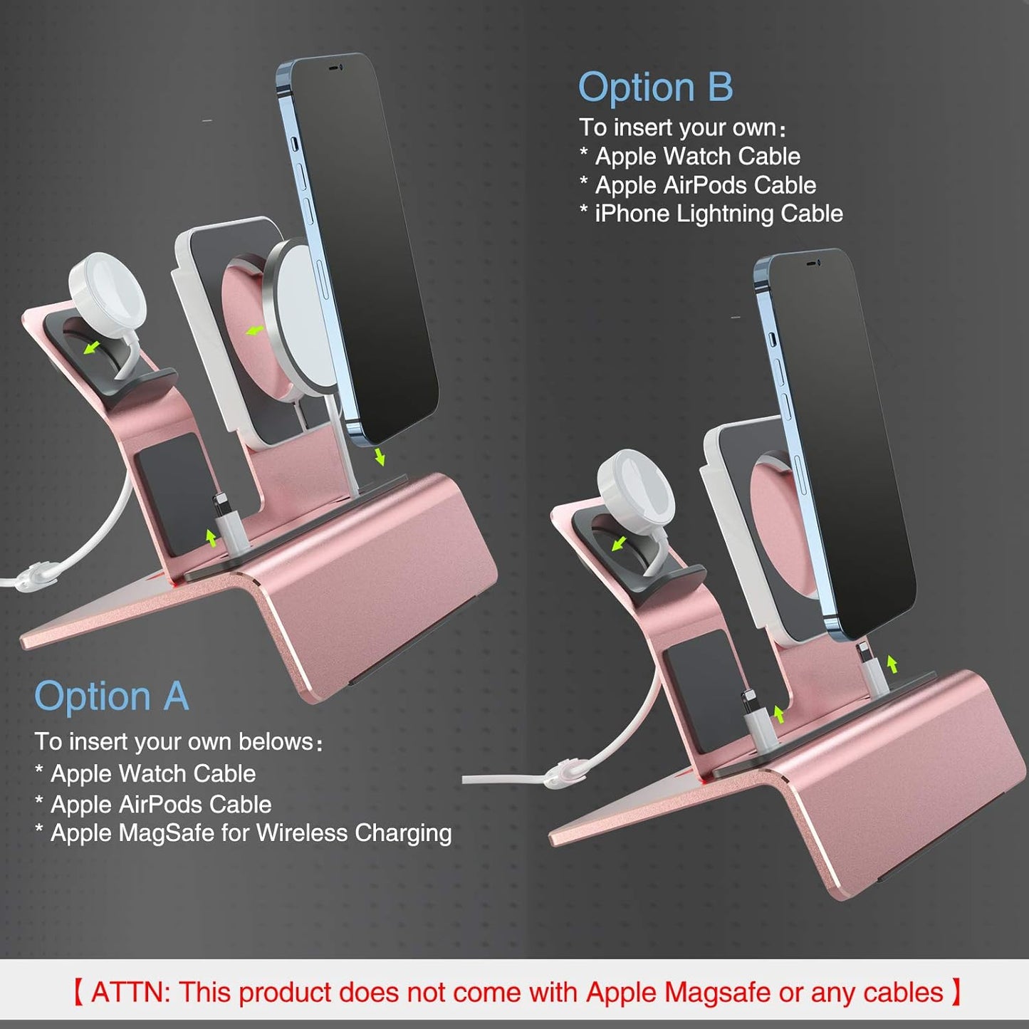 Aluminum Charging Stand for Apple Device 3 in 1 Charger Stand Holder Compatible with Magsafe Charger Iwatch Charger Airpods Pro/2/1 and Iphone Stand Holder(Charger & Cable Required)-Rose Gold