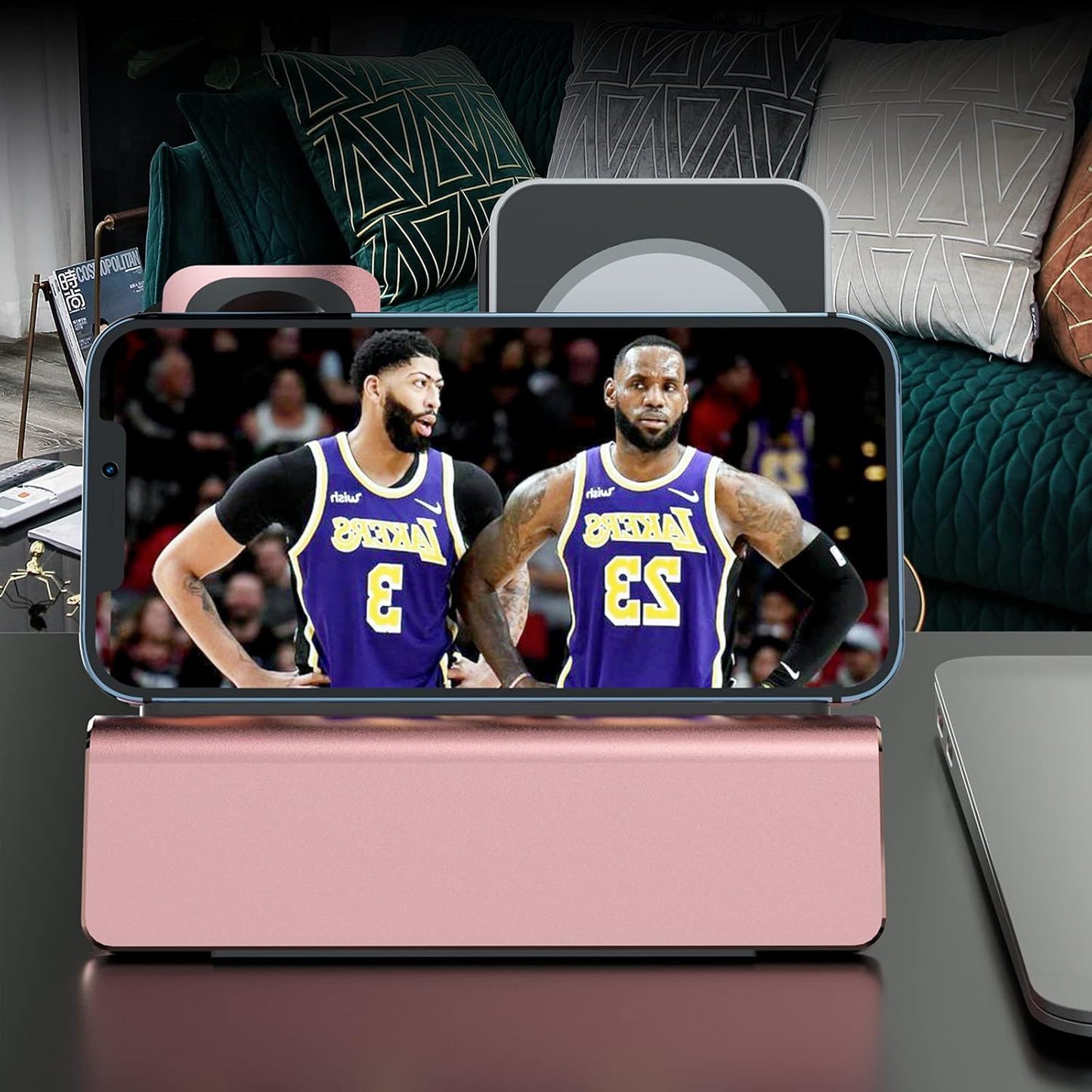 Aluminum Charging Stand for Apple Device 3 in 1 Charger Stand Holder Compatible with Magsafe Charger Iwatch Charger Airpods Pro/2/1 and Iphone Stand Holder(Charger & Cable Required)-Rose Gold