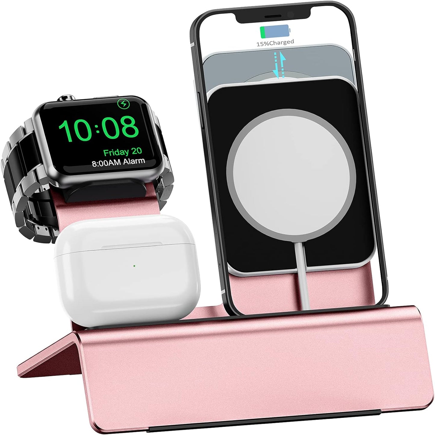 Aluminum Charging Stand for Apple Device 3 in 1 Charger Stand Holder Compatible with Magsafe Charger Iwatch Charger Airpods Pro/2/1 and Iphone Stand Holder(Charger & Cable Required)-Rose Gold